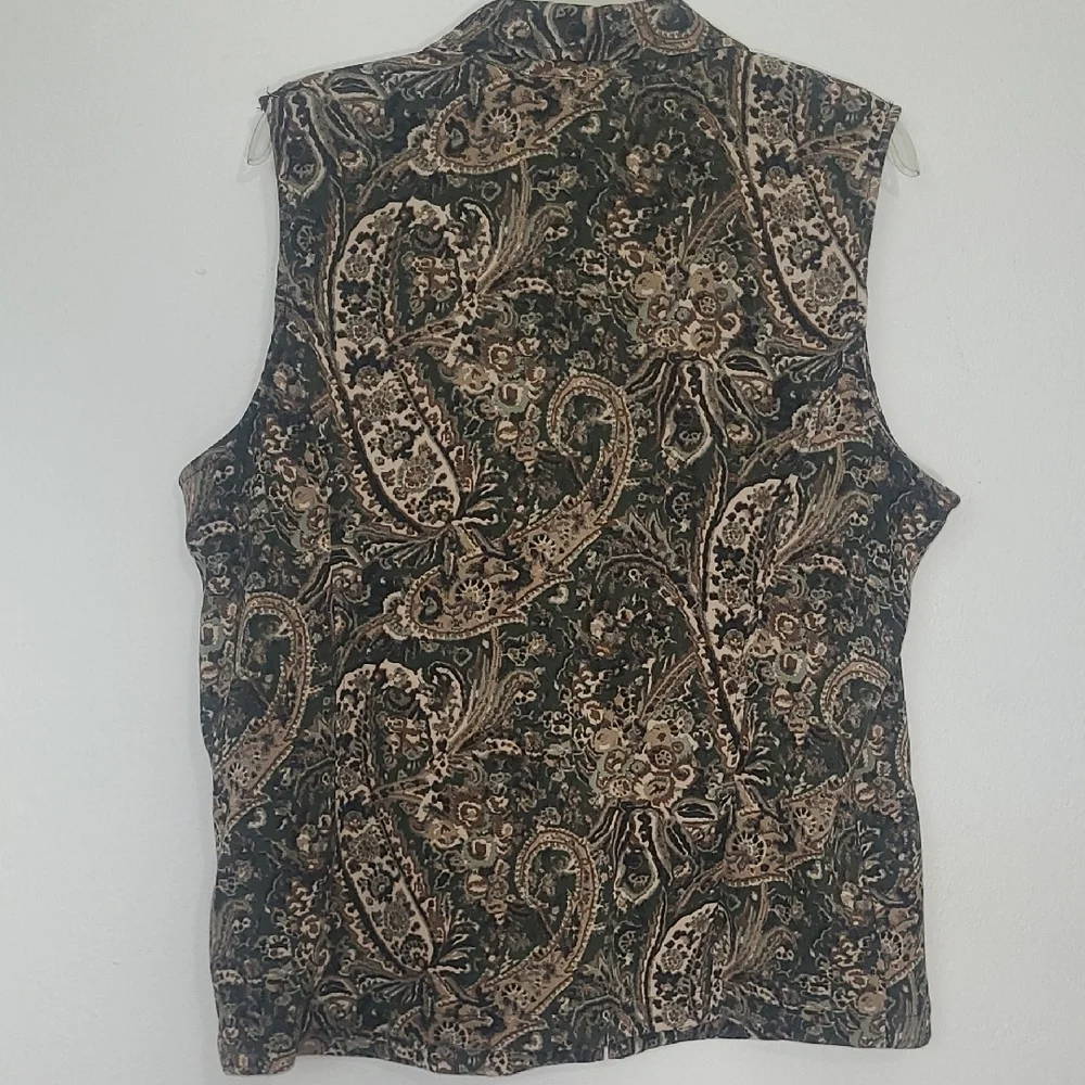Koret Velvet Paisley Vest L  Zip Front Neutral Brown Black Plazacore Boho